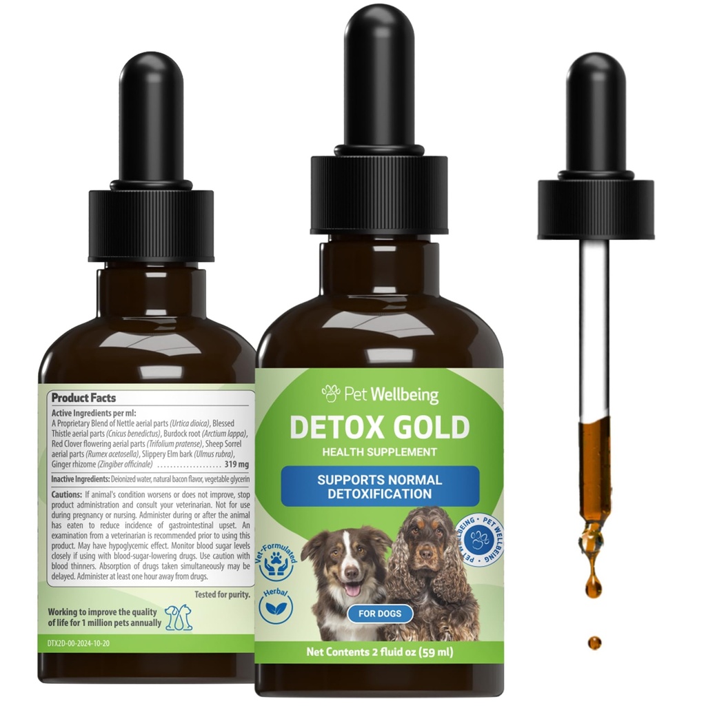 Pet Wellbeing Detox Gold for Dogs - Απαλή Αποτοξίνωση & Αποβολή Υποστήριξη, Φροντίδα ανοσοποιητικού συστήματος, Βραχιόλι, Ευλογημένη Θήκη, Ρίζα Burdock - Κτηνιατρικό-Σχηματισμένο συμπλήρωμα βοτάνων 2 oz (59 ml)