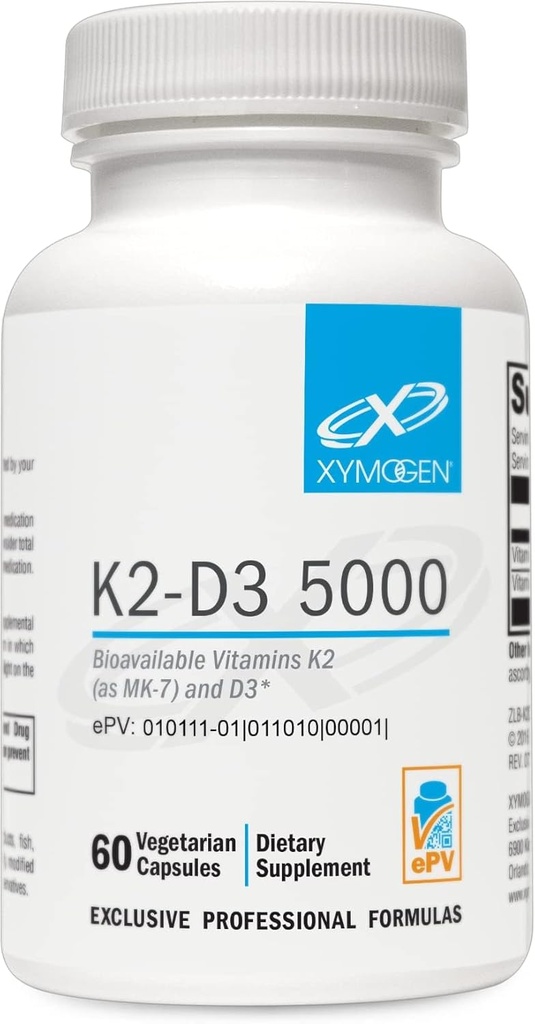 XYMOGEN K2-D3 5000 - Vitamin D3 K2 - Bioavailable Vitamin D 5000 IU (Cholecalciferol) with MK-7 - Heart, Arterial, Bone Health + Immune Support Supplement (60 Capsules)