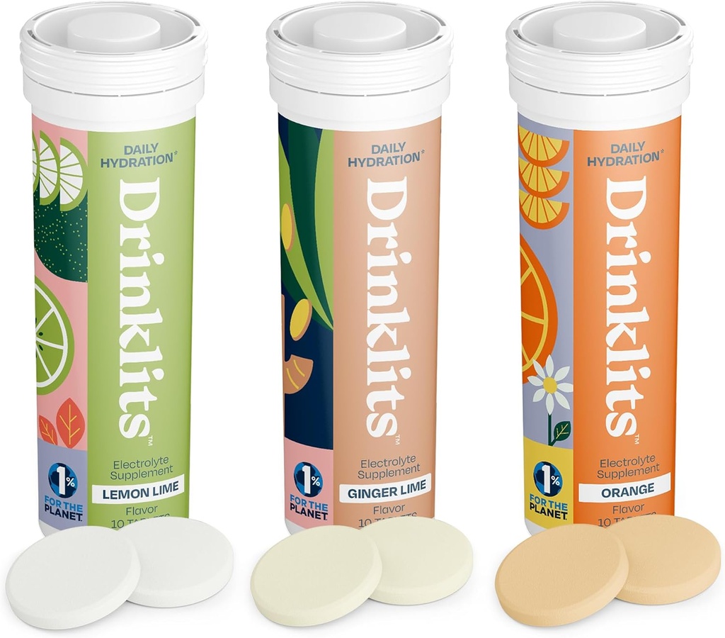 Drinklits Daily Hydration Variety Pack (3) Tube Bundle | Ginger-Lime + Lemon-Lime + Orange | Electrolyte Tablets – 0g Sugar – Great Taste | 30 Servings - 10 Tablets Per Tube