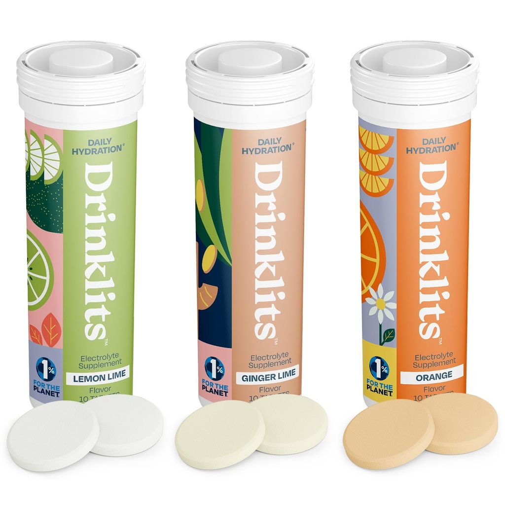 Drinklits Daily Hydration Variety Pack (3) Tube Bundle | Ginger-Lime + Lemon-Lime + Orange | Electrolyte Tablets – 0g Sugar – Great Taste | 30 Servings - 10 Tablets Per Tube