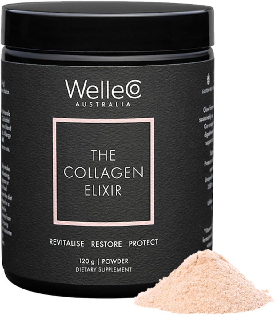 WelleCo The Collagen Elixir, Marine Collagen Peptides Σκόνη με Υαλουρονικό οξύ, Βιταμίνη C, Digestive Enzymes & Silica για το δέρμα, τα μαλλιά και τα νύχια, Unflavored, 4.23 oz