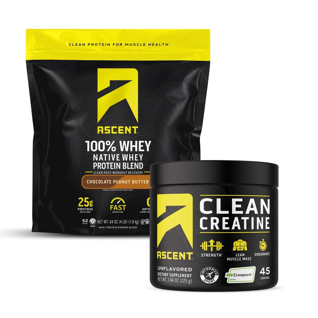 Ascent 100% Whey Protein Powder, Chocolate Peanut Butter 4 lb & Creatine Monohydrate Powder, Unflavored 45 Servings