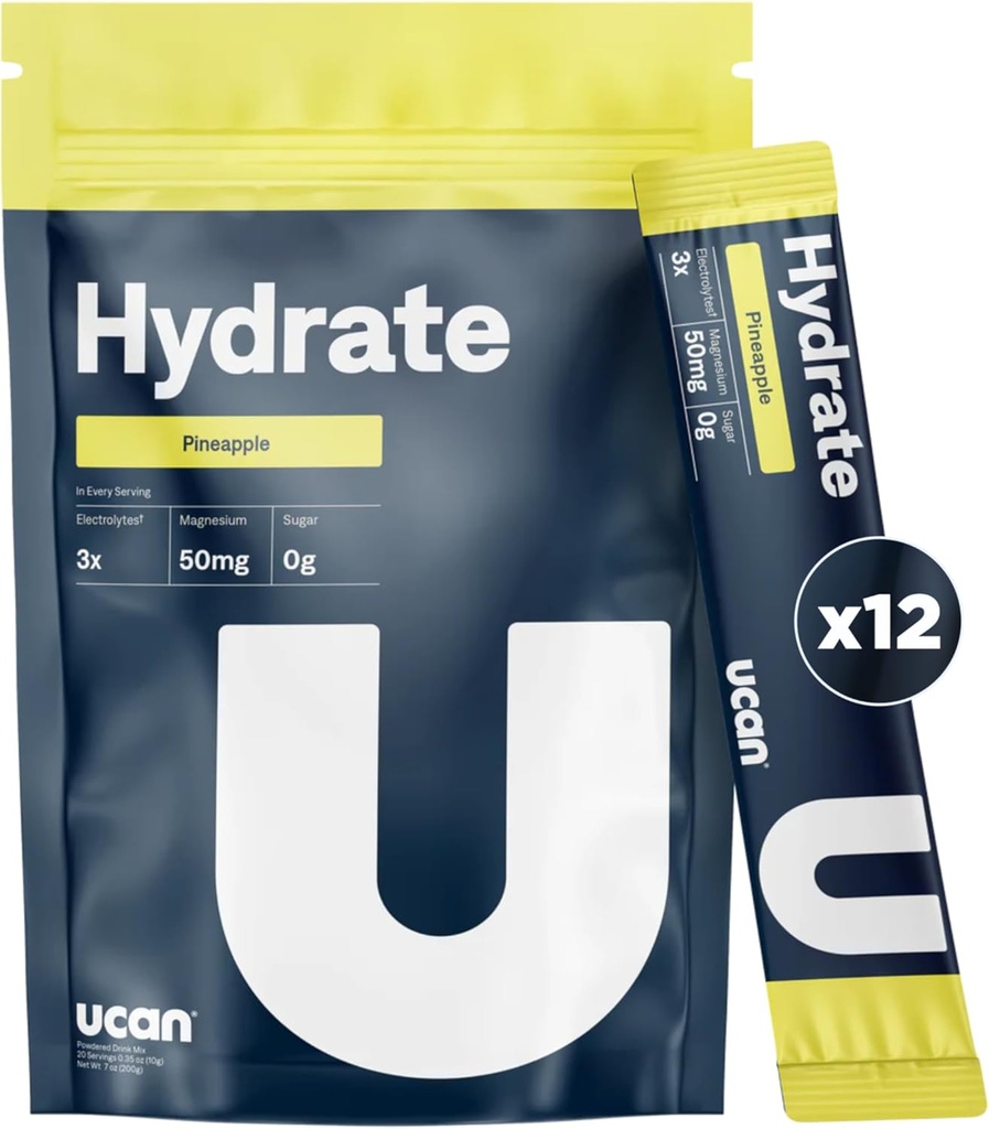 UCAN Hydrate Electrolyte Drink Mix (Pineapple, 12 Stickpacks) Sugar-Free, Keto-Friendly, Vegan, Non-GMO, Gluten-Free Electrolyte Powder with Potassium & Magnesium for Runners & Athletes