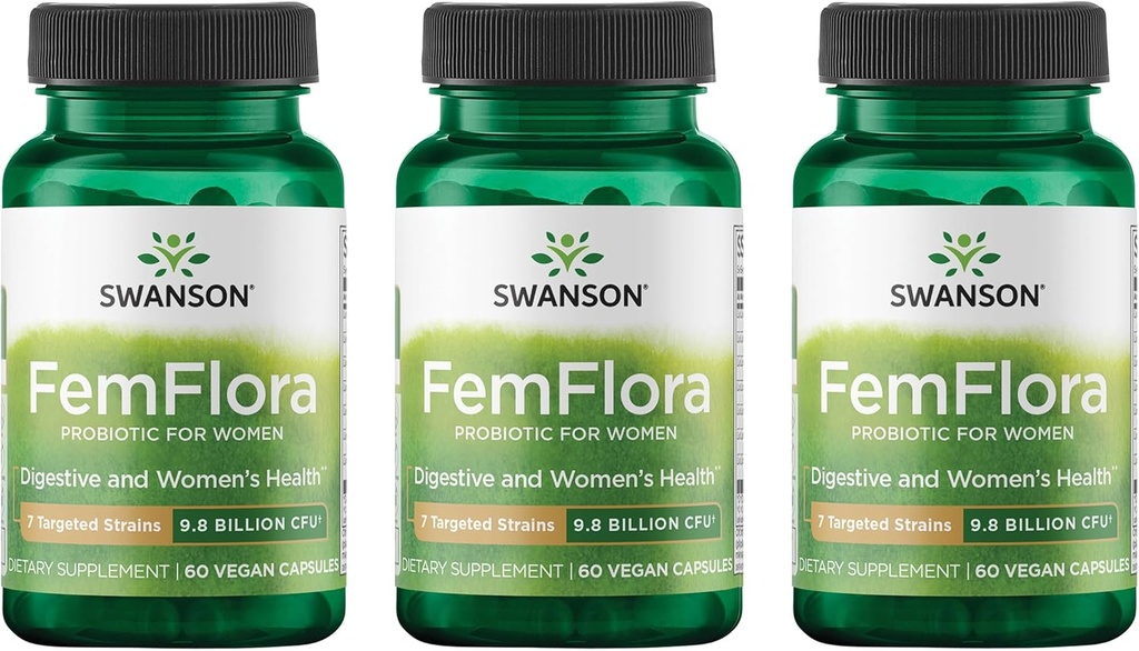 Swanson FemFlora - Feminine Probiotic Supplement Υποστήριξη της Χλωρίδας του Στόματος, GI Tract, και Vagina - Προβιοτικά για γυναίκες με 9 δισεκατομμύρια CFU ανά κάψουλα - (60 κάψουλες) (3 Συσκευασία)