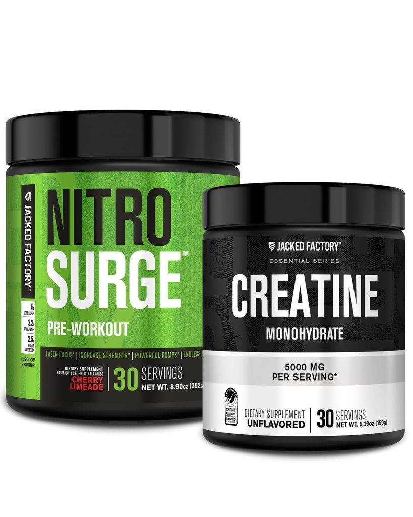 Jacked Factory NITROSURGE Pre Processed Supplement (Cherry Limeade) Creatine Monohydrate Powder (150g) για ανάπτυξη μυών, αυξημένη δύναμη, ενισχυμένη ενέργεια