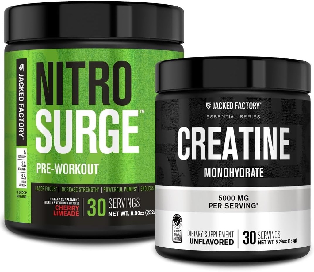Jacked Factory NITROSURGE Pre Workout Supplement (Cherry Limeade) Creatine Monohydrate Powder (150g) for Muscle Growth, Increased Strength, Enhanced Energy
