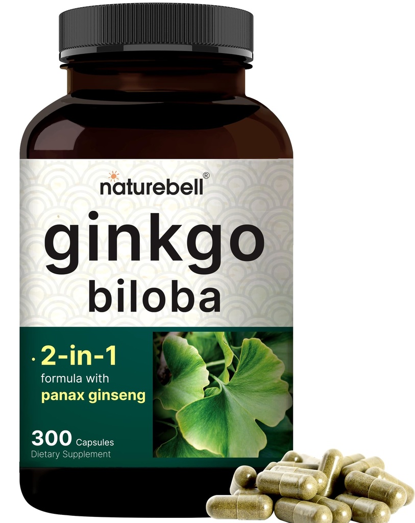 NatureBell Ginkgo Biloba with Panax Ginseng 300 Capsules – Max Strength Ginko Biloba Extract Supplements - Promotes Memory, Focus, and Brain Health*
