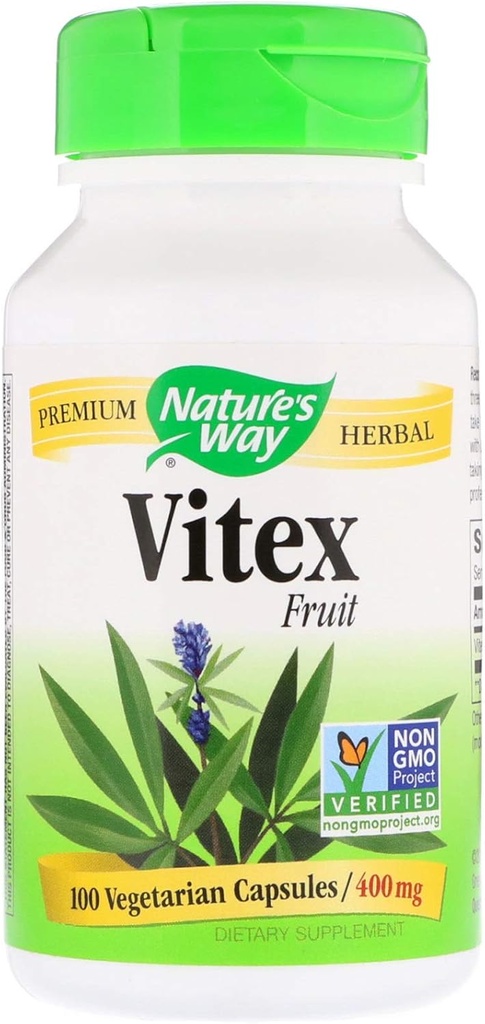 Nature's Way Vitex; 400 mg; Μη ΓΤΟ Έργο Επαληθευμένο; TRU-ID Πιστοποιημένο; 100 Χορτοφαγικές Κάψουλες, Συσκευασία των 2