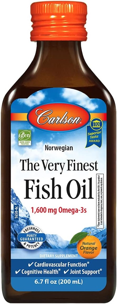 Carlson - The Very Finest Fish Oil, 1600 mg Omega-3s, Liquid Fish Oil Supplement, Norwegian Fish Oil, Wild-Caught, Sustainablely Soured Fish Oil Liquid, Orange, 6.7 Fl Oz