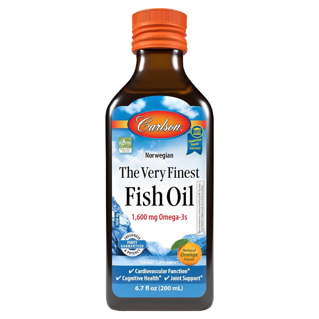 Carlson - The Very Finest Fish Oil, 1600 mg Omega-3s, Liquid Fish Oil Supplement, Norwegian Fish Oil, Wild-Caught, Sustainablely Soured Fish Oil Liquid, Orange, 6.7 Fl Oz