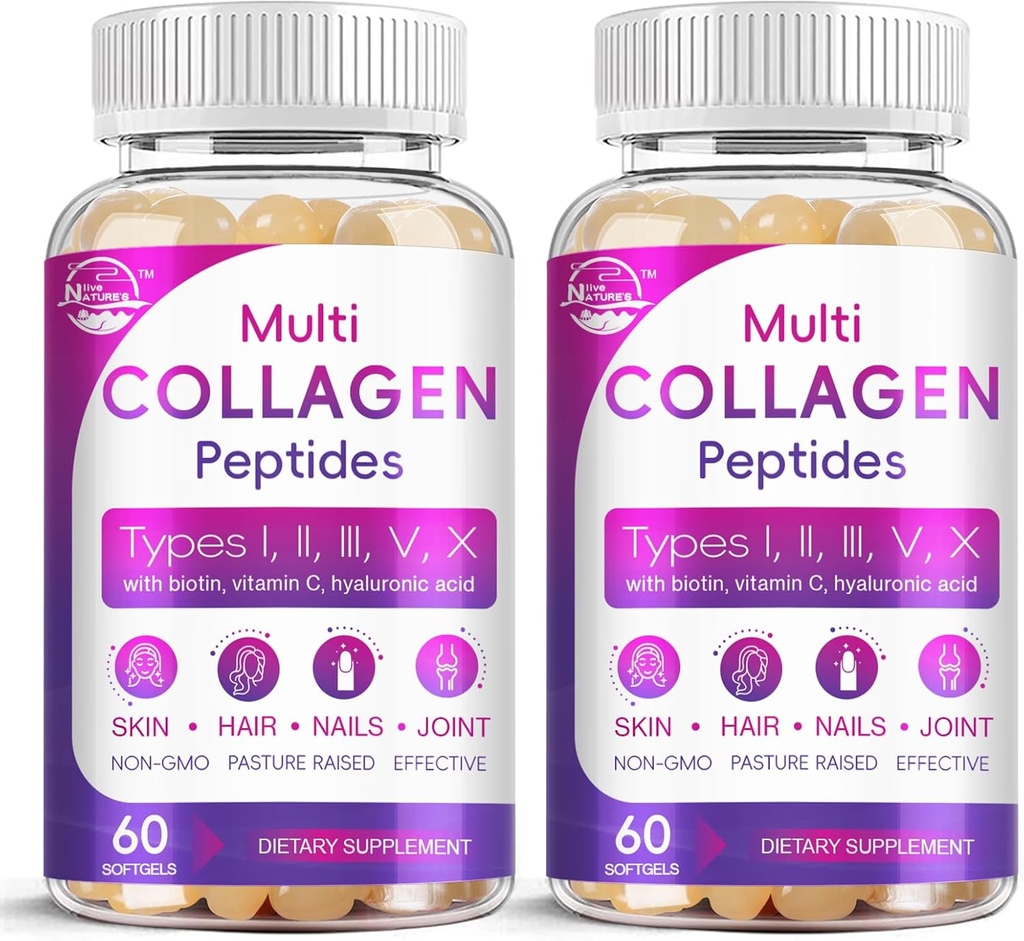 Multi Collagen Peptides Softgel - Type I, II, III, V, X - Hydrolyzed Collagen Peptides με Βιοτίνη, Βιταμίνη C, Υαλουρονικό οξύ, Υποστηρίζει Δερμάτινο καρφί μαλλιών, Grass-Fed, Non-GMO, 60 Softgel, 2 Pack