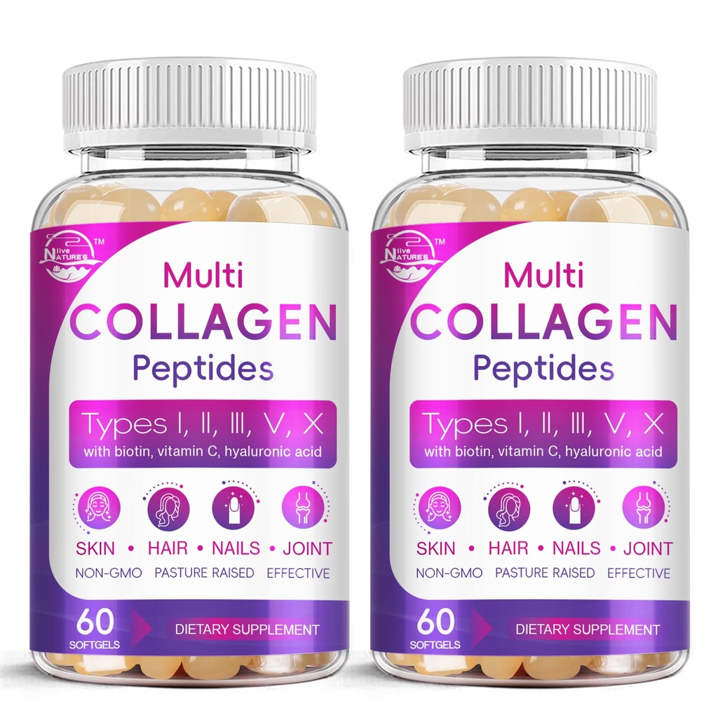 Multi Collagen Peptides Softgel - Type I, II, III, V, X - Hydrolyzed Collagen Peptides με Βιοτίνη, Βιταμίνη C, Υαλουρονικό οξύ, Υποστηρίζει Δερμάτινο καρφί μαλλιών, Grass-Fed, Non-GMO, 60 Softgel, 2 Pack
