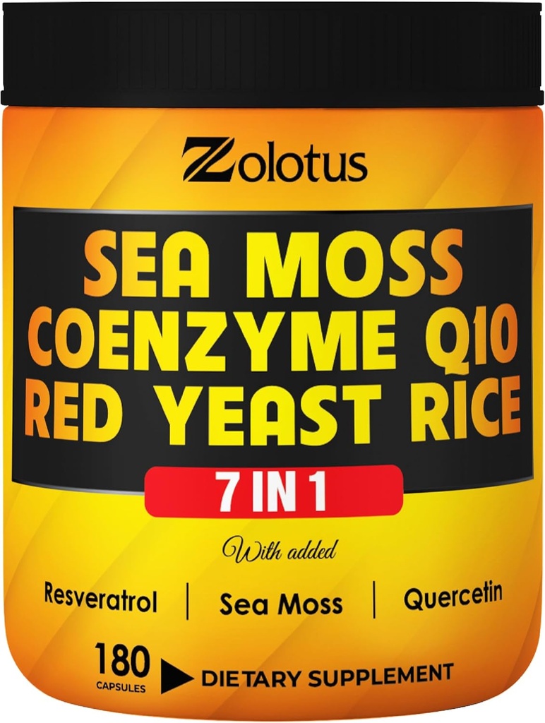 Zolotus 7 in 1 Sea Moss Supplement + Red Yeast Rice, Coenzyme Q10 Capses, Ισοδύναμο με 8640mg, με Quercetin, Resveratrol, Vitamin B3, Vitamin D3, Body Balance, Immune System & Heart Health