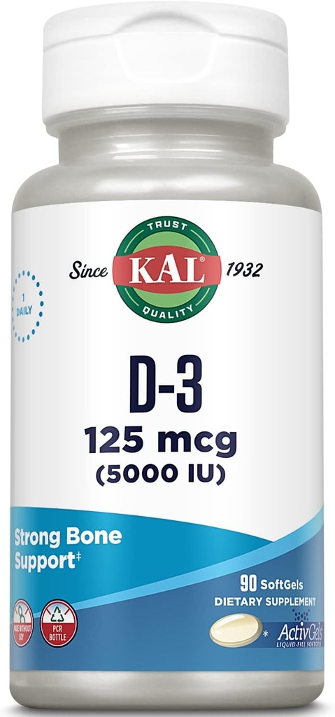 KAL Vitamin D3 5000 IU Softgels (125 mcg), Ενεργή Μορφή Βιταμίνης D, Απορρόφηση ασβεστίου, Υγεία των οστών, Συμπλήρωμα Ανοσολογικής Υποστήριξης, Υγρό γεμάτο ActivGels, Made Without Soy, 90 Servings, 90 Softgels