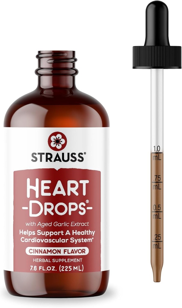 Strauss Naturals Heart Drops – Natural Mistletoe & Aged Garlic Extract Heart Health Supplement – Helps Maintain Healthy Cardiovascular System – Vegan & Non-GMO – Cinnamon Flavored – 225 ml Bottle