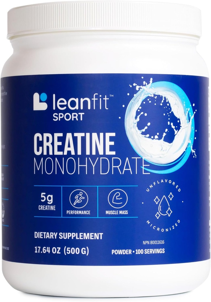 LeanFit Sport CREATINE MONOHYDRATE σε σκόνη, Unflavored - Ενημερωμένη επιλογή Πιστοποιημένη, μικρονισμένη & φαρμακευτική Crade Creatine, Gluten-free, Vegan – 5g Creatine ανά υπηρεσία, 100 εξυπηρετούν, 17.64oz Δίσκος
