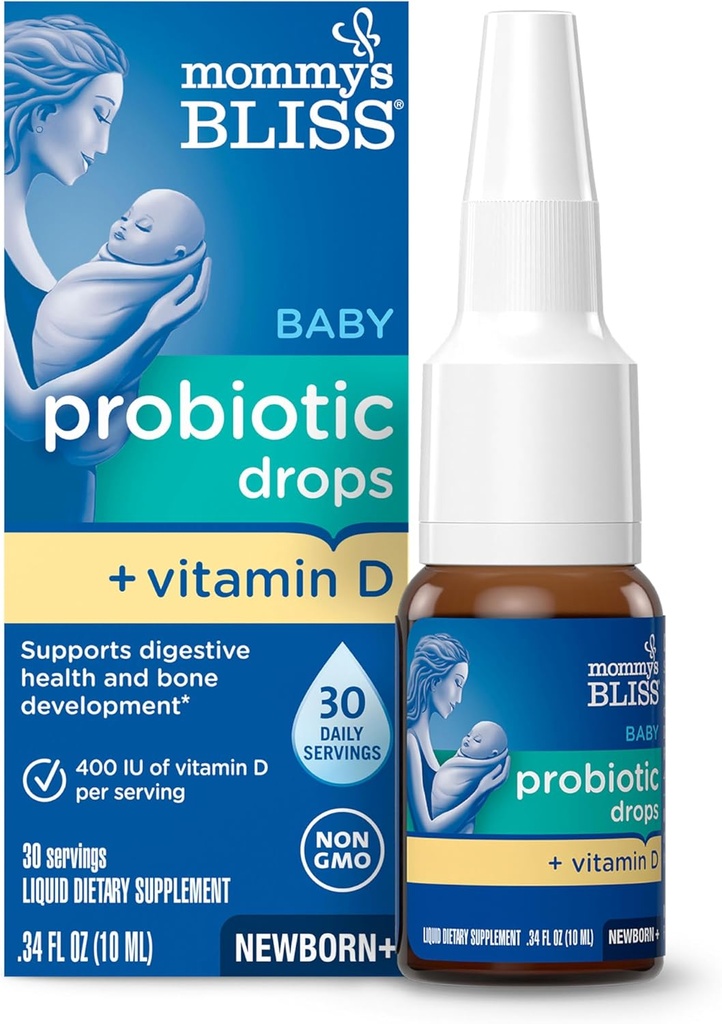 Bliss Baby Probiotic Drops + Βιταμίνη D, Υποστηρίζει Digestive Υγεία και Ανοσία, 400IU Βιταμίνη D για την υγιή ανάπτυξη των οστών, Νεογέννητα +, Χωρίς Γεύση, 0.34 Fl Oz (30 υπηρεσίες)