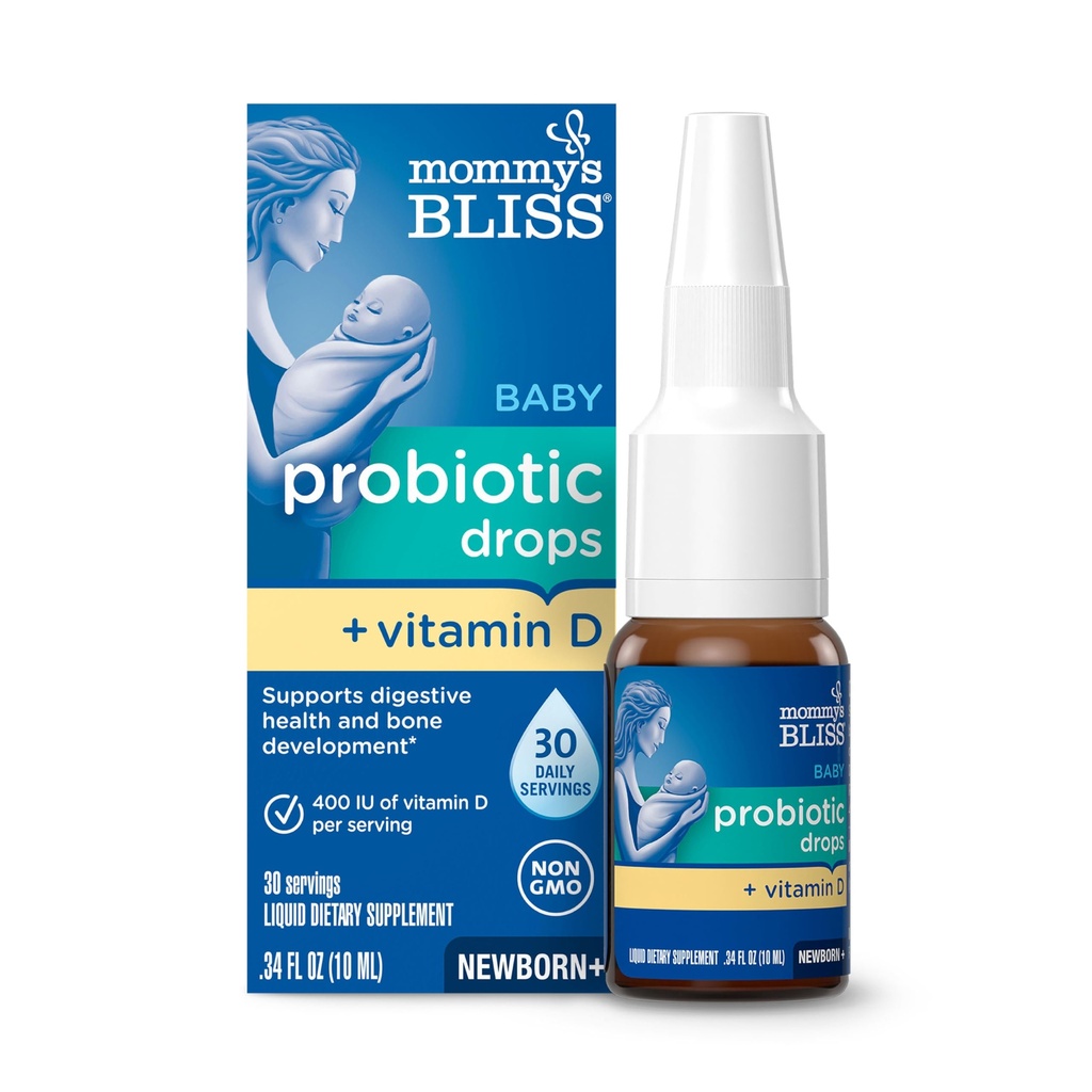 Bliss Baby Probiotic Drops + Βιταμίνη D, Υποστηρίζει Digestive Υγεία και Ανοσία, 400IU Βιταμίνη D για την υγιή ανάπτυξη των οστών, Νεογέννητα +, Χωρίς Γεύση, 0.34 Fl Oz (30 υπηρεσίες)
