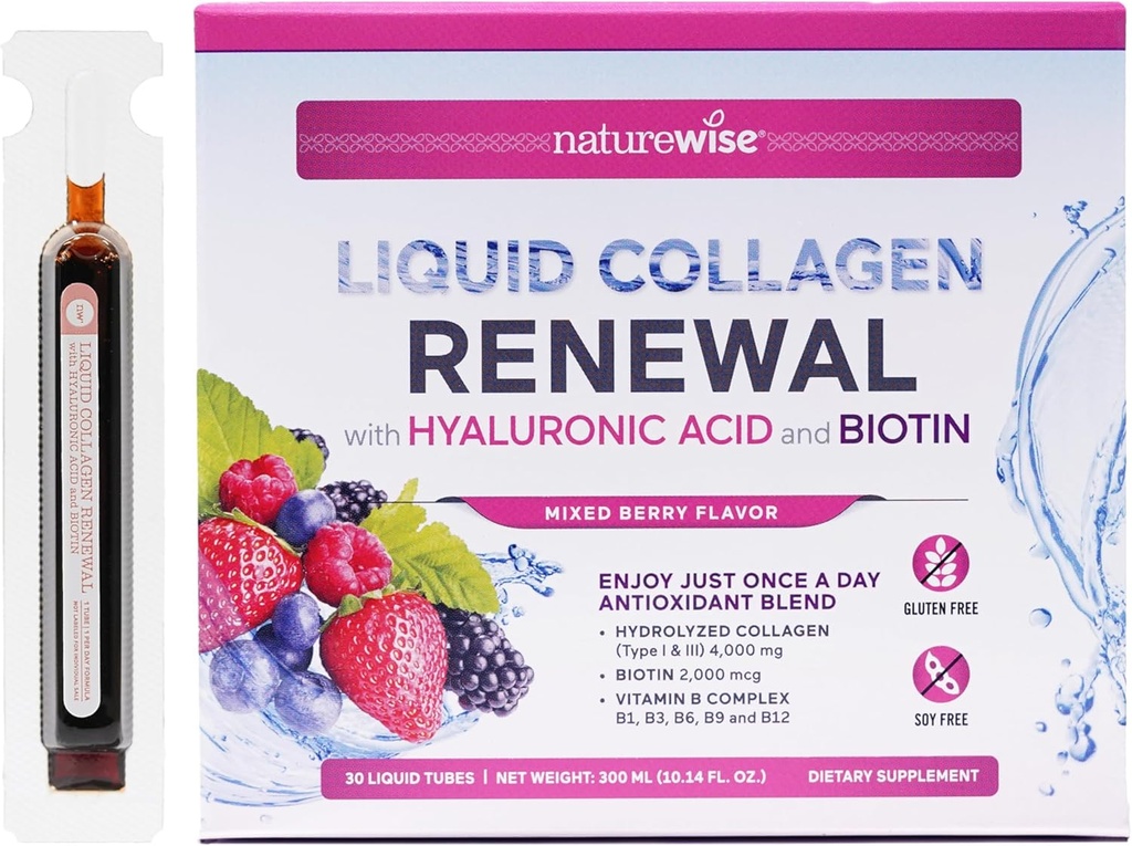 NatureWise Hydrolyzed Liquid Collagen for Women & Men 4000mg - Υψηλή απορρόφηση, Τύπου 1 & 3 πεπτίδια με Βιοτίνη + Βιταμίνη C + Βιταμίνη B Complex & Υαλουρονικό οξύ - Mixed Berry - 30 Tubes[30 Day Supply]