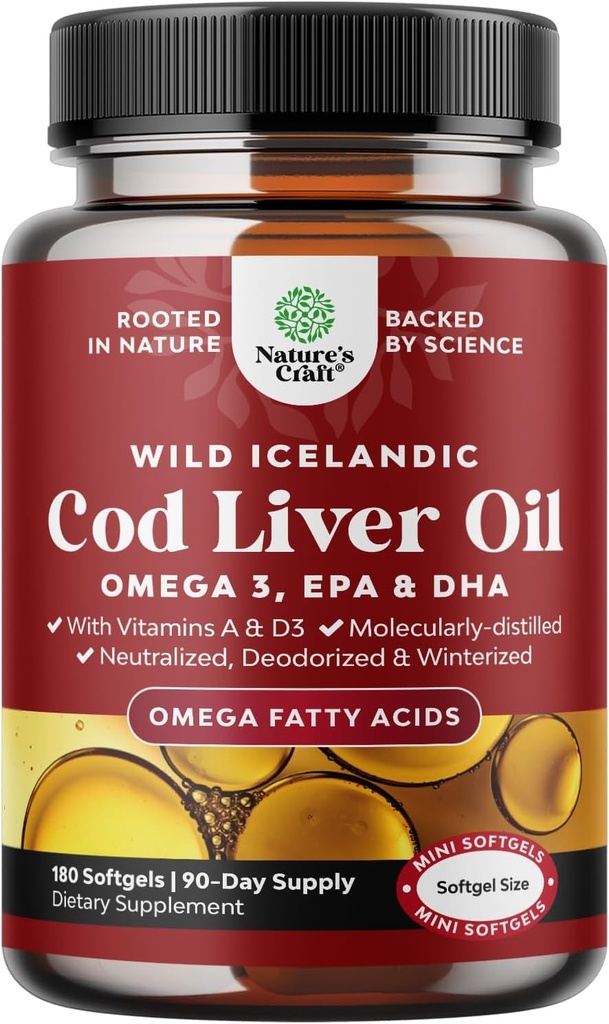 Ισλανδική Cod Liver Oil Softgels - Wild Caught EPA DHA Omega 3 Fish Oil 1000mg ανά μερίδα - Βιώσιμα πηγάζει Burpless Fish Oil συμπλήρωμα με βιταμίνη D3 & A για την καρδιά κοινή εγκεφάλου & ανοσοποιητική υποστήριξη
