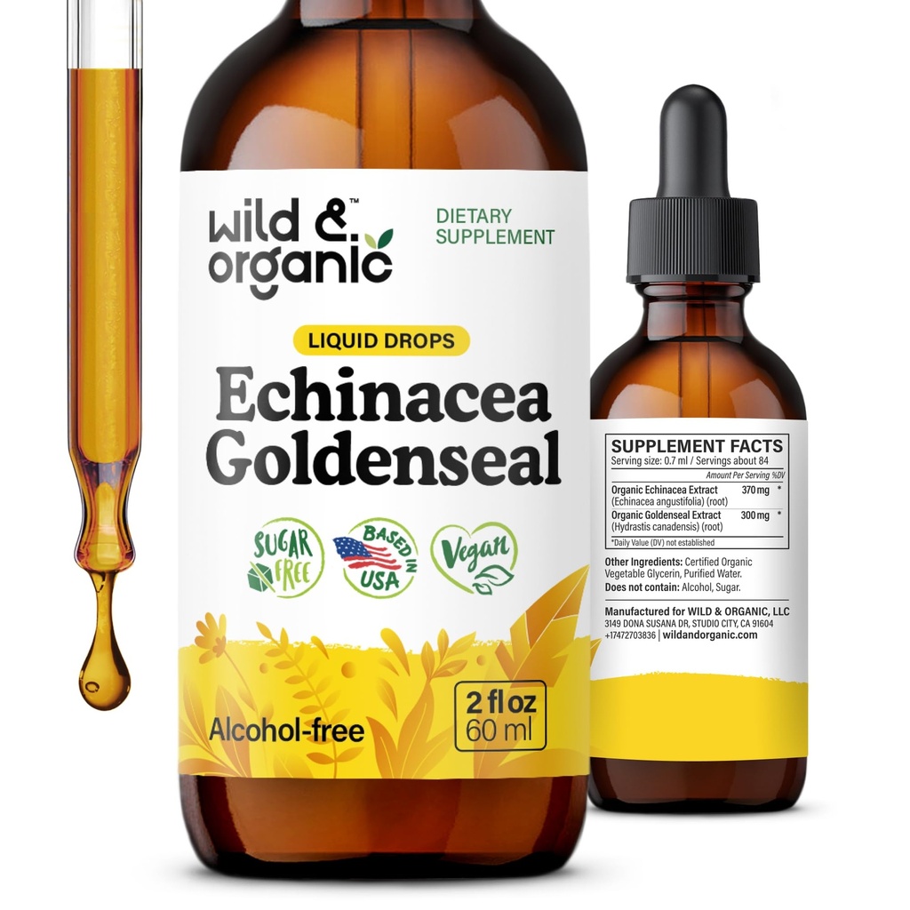 Άγρια & οργανικά Echinacea Goldenseal Liquid Drops - ανοσοποιητικό συμπλήρωμα υποστήριξης w/Goldenseal Echinacea Root Extract - Vegan, Ζάχαρη & Αλκοόλ-ελεύθερο Βάμμα - 2 fl oz
