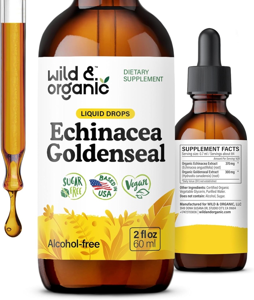 Άγρια & οργανικά Echinacea Goldenseal Liquid Drops - ανοσοποιητικό συμπλήρωμα υποστήριξης w/Goldenseal Echinacea Root Extract - Vegan, Ζάχαρη & Αλκοόλ-ελεύθερο Βάμμα - 2 fl oz