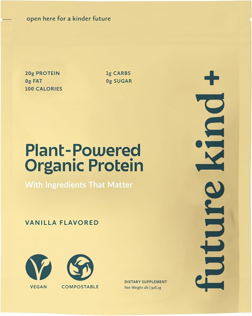 Future Kind Vegan Protein Powder, Vanilla, Pea Plant Protein for Lean Muscle with Iron & Fiber, Whey-Free, Sugar-Free, Soy-Free, Non-Dairy (34 Servings)