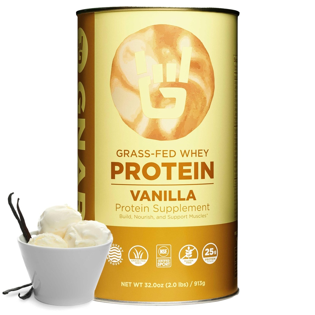 Gnarly Nutrition Vanilla Protein Powder – NSF Sport Πιστοποιημένη – 25g πρωτεΐνη, μυϊκή επισκευή – Grass Fed σκόνη Whey, ομαλή γεύση – Vanilla, 32 oz