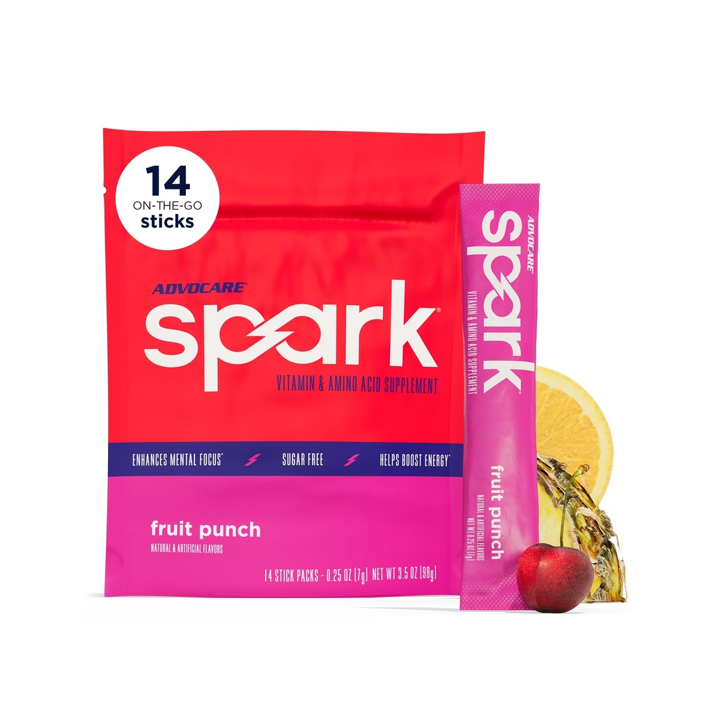 AdvoCare Spark - Energy Drink Mix - Συμπλήρωμα Βιταμίνης & Αμινικού Οξέως - Υποστηρίζει Ενέργεια & Εστίαση* - Φορητή Ανοσολογική Υποστήριξη* - Χωρίς ζάχαρη - Φρούτα Punch, 14 Stick Packs (3.5 oz)