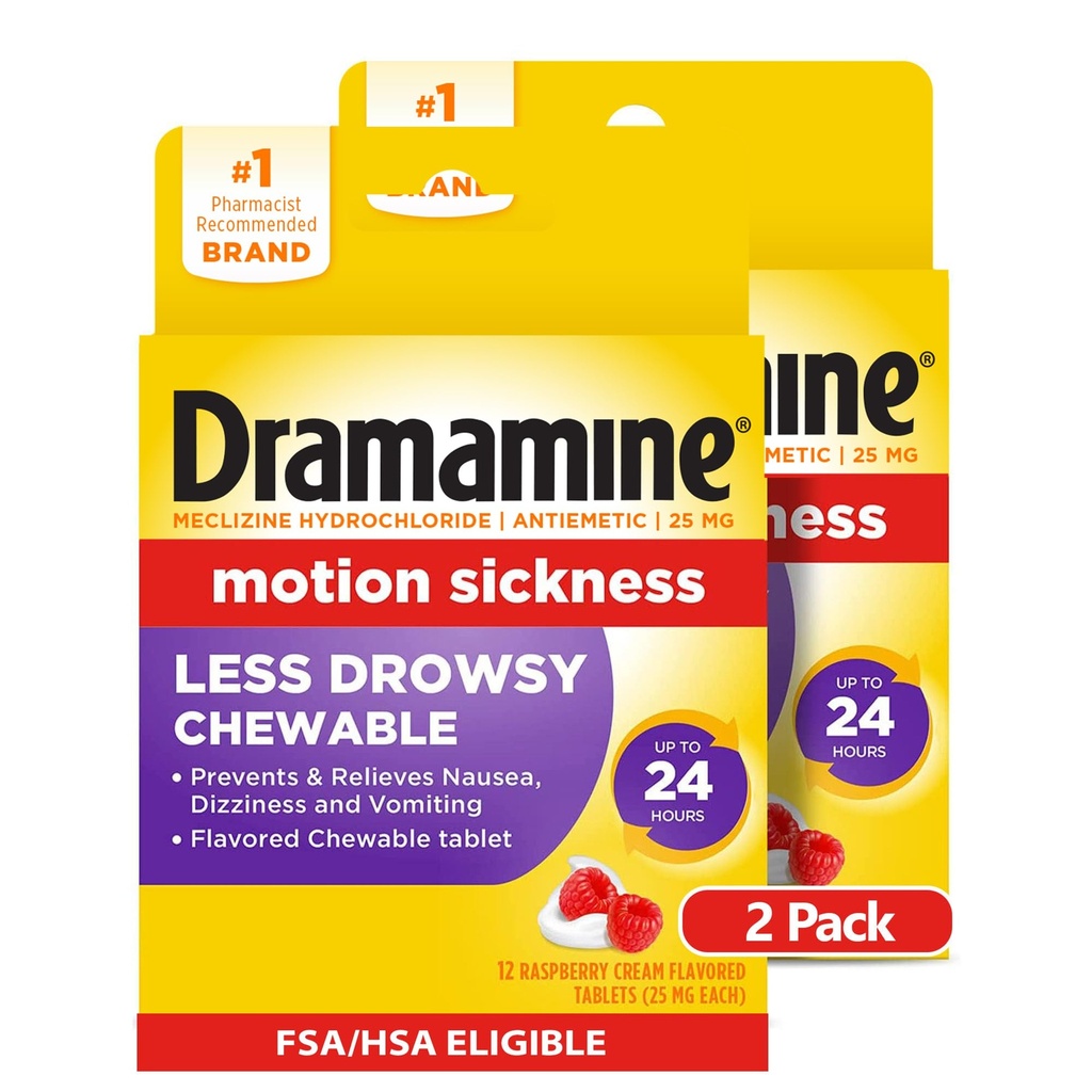 Dramamine Motion Sickness Less Drowsy, Chewables for Nausea Relief During Travel, Raspberry Cream Flavor, 12 Count, Pack of 2
