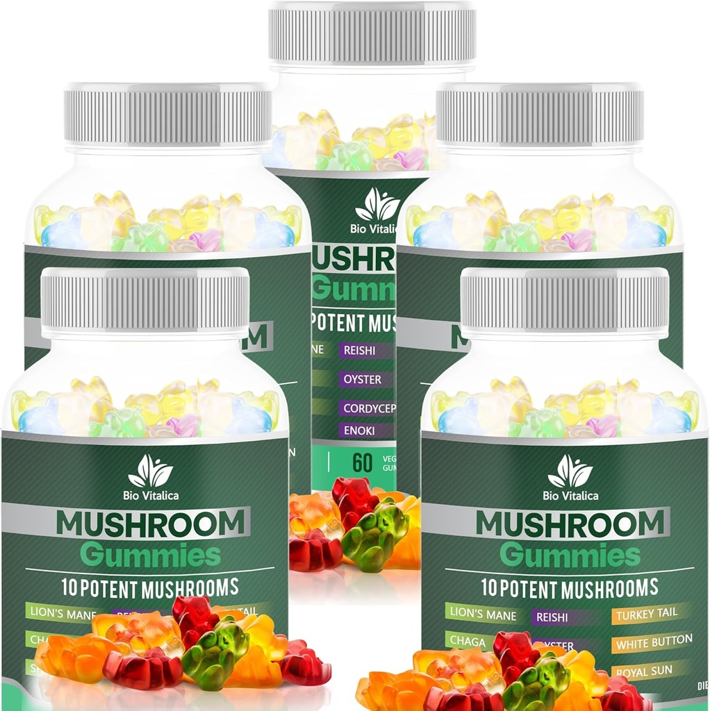 BIO VITALICA Mushroom Gummies – 10 Mushroom Complex with Lion’s Mane, Reishi, Chaga, Cordyceps & More – Fruity Vegan Gummies – Non-GMO, Gluten-Free, Plant-Based – 5 Packs
