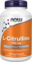 NOW Συμπληρώματα τροφίμων, L-Citrulline 750 mg, Υποστηρίζει τον μεταβολισμό πρωτεϊνών *, Amino Acid, 180 κάψουλες Veg
