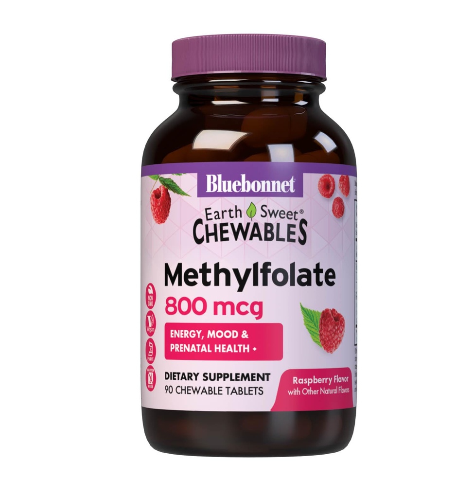 Bluebonnet EarthSweet Methylfolate 800 mcg Cellular Active Coenzyme 5-MTHF L Συμπλήρωμα Φολικό Μεθύλιο - Προγεννητική & Ενεργειακή Υποστήριξη* - Μη ΓΤΟ, Vegan, Χωρίς Γλουτένη - Βατόμουρο - 90 Μασώμενα δισκία