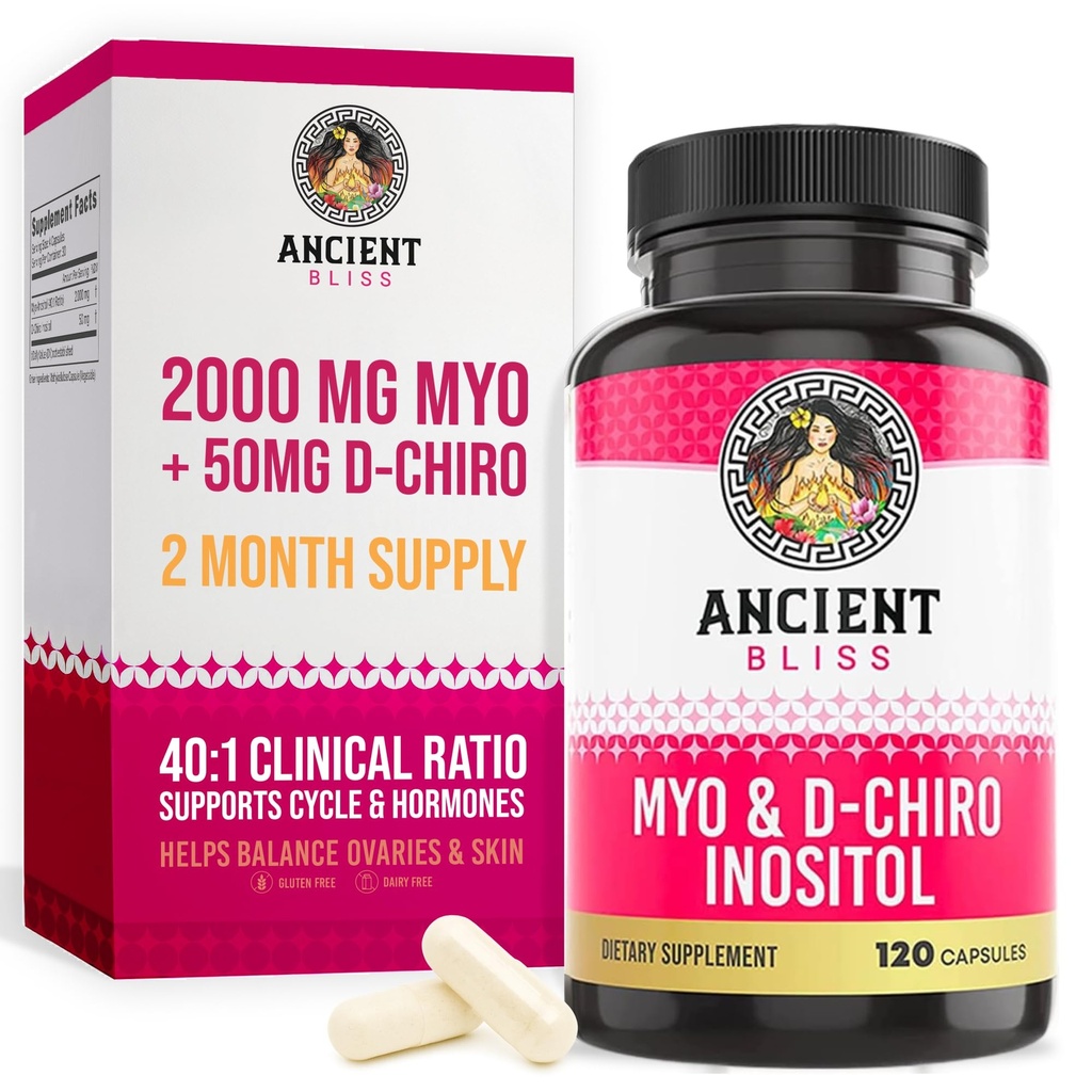 Ancient Bliss Myo & D-Chiro Inositol συμπλήρωμα, 40 έως 1 αναλογία, Βοηθά στη λειτουργία των ωοθηκών Υποστήριξη για τις γυναίκες, βιταμίνη Β8 βοηθά να ρυθμίσει εμμηνορρυσιακό κύκλο, 2050mg ανά υπηρεσία, 120 κάψουλες Vegan