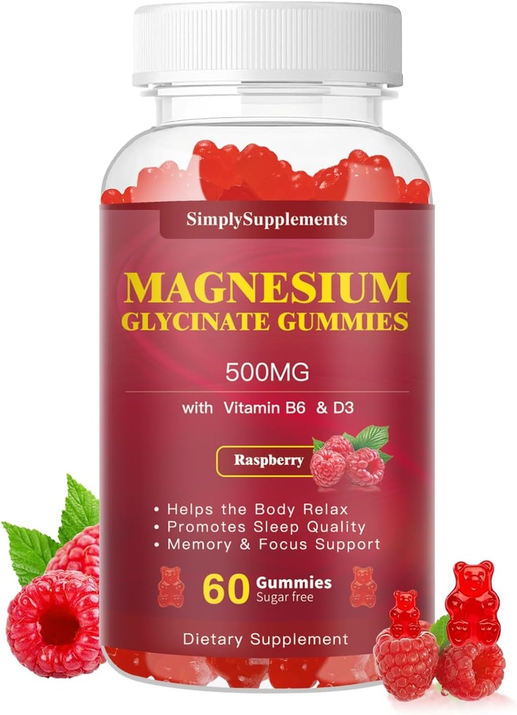 Γλυκινικό μαγνήσιο Glycinate Gummies 500mg, Chewable Magnesium Supplement with Vitamin D3, B6, CoQ10, for Relaxation, Sleep & Mood Support, Calm Magnesium Gummies - 60 Raspberry Gummies