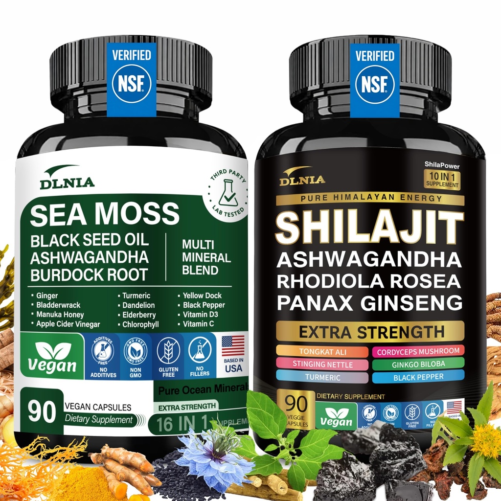 Shilajit 9000mg, Sea Moss 17500mg, Ginger & Black Seed Oil 4000mg, Ashwagandha 5000mg, Rhodiola Rosea, 1000mg Panax Ginseng 1500mg, Όλα σε 1 συμπλήρωμα - Sea Moss & Shilajit Vitality Bundle