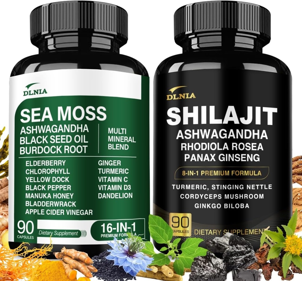 Shilajit 9000mg, Sea Moss 17500mg, Ginger & Black Seed Oil 4000mg, Ashwagandha 5000mg, Rhodiola Rosea, 1000mg Panax Ginseng 1500mg, Όλα σε 1 συμπλήρωμα - Sea Moss & Shilajit Vitality Bundle