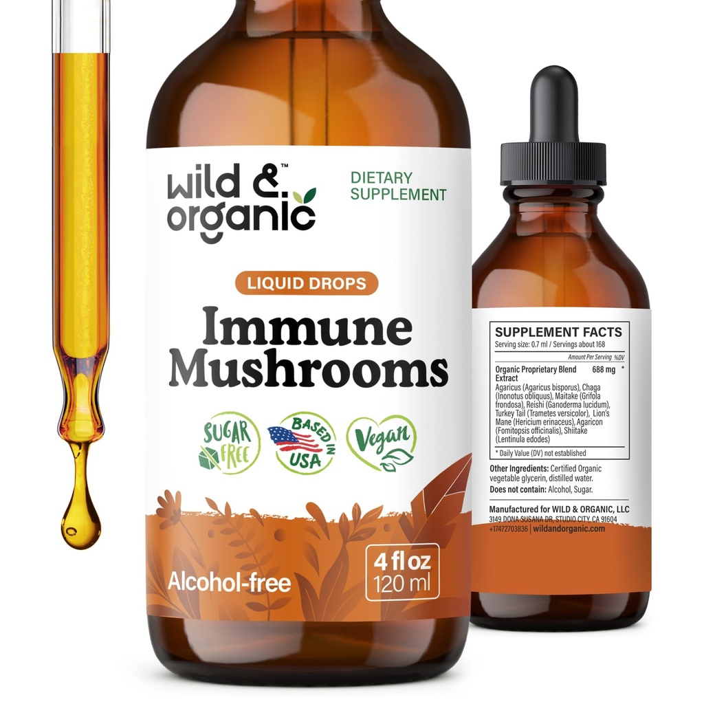 Wild & Organic Immune Mushroom Tincture - 8-in-1 Immune Support with Chaga, Reishi, Turkey Tail, Lion’s Mane, Maitake Extract - Liquid Mushroom Supplement - Vegan, Sugar & Alcohol-Free Drops - 4 oz
