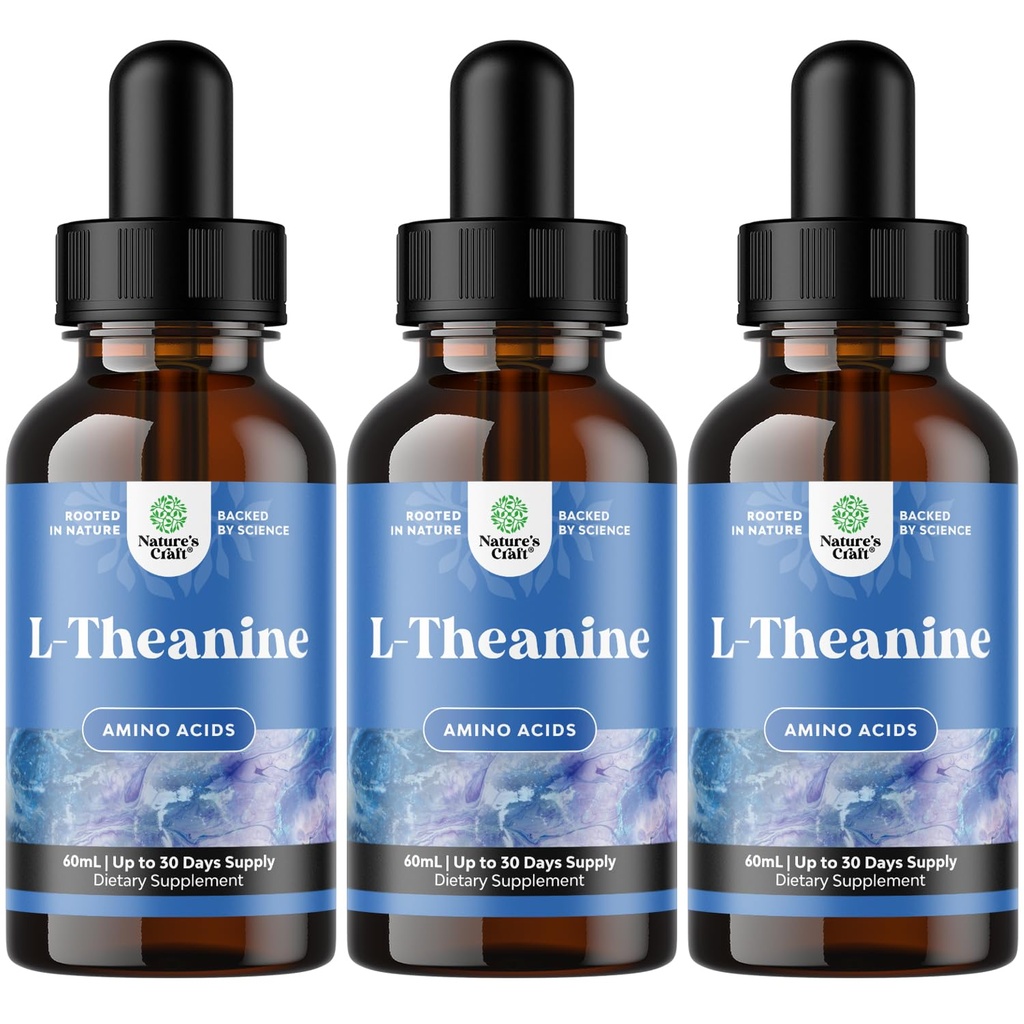 Natures Craft High Absorption L-Theanine Liquid Drops - Nootropic Focus Supplement with L Theanine 200mg Per Serving and Chamomile Extract - Adults and Kids Relaxation and Focus - 2 Fl Oz (3 Pack)