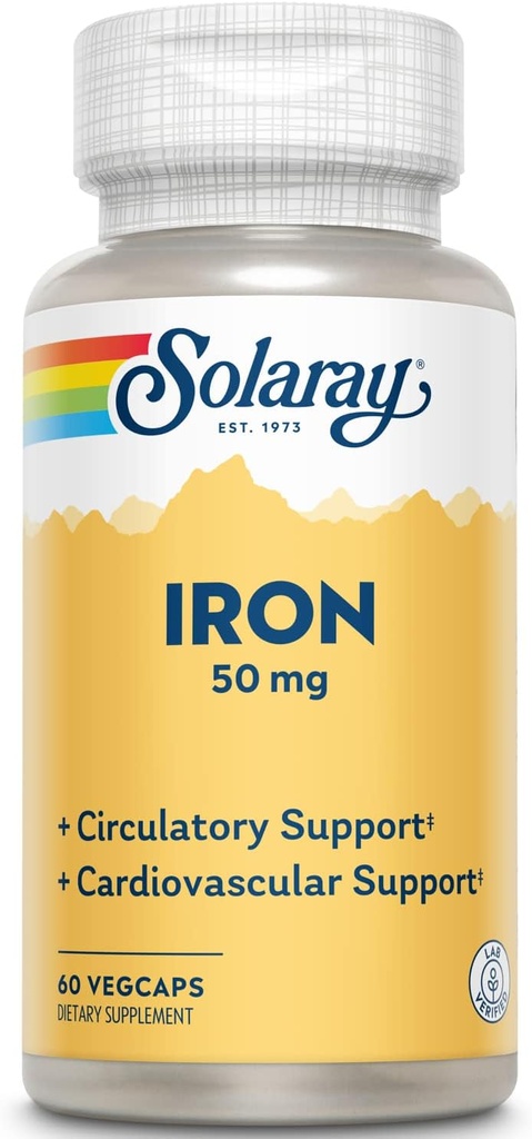 Solaray Iron 50 mg | Healthy Circulation, Cardiovascular Function & Red Blood Cell Health Support | 60 VegCaps