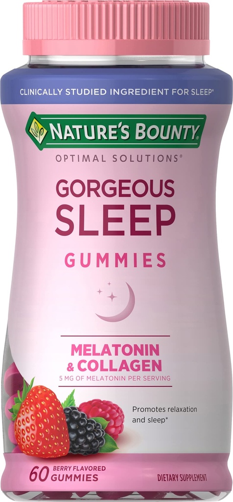 Nature's Bounty Optimal Solutions Gorgeous Sleep Melatonin 5mg Gummies with Collagen, 60 Count, Assorted Fruit Flavors, 30 Total Servings
