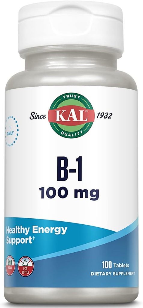 KAL Vitamin B1 100 mg, Συμπλήρωμα θειαμίνης για Μεταβολισμό, Υγιεινή Ενέργεια, Δέρμα, Νευρικό Σύστημα, Υγεία και Εγκεφαλική Υποστήριξη, Βιταμίνη Vegan, Εγγύηση επιστροφής χρημάτων 60 ημερών, 100 Υπηρεσίες, 100 Δισκία