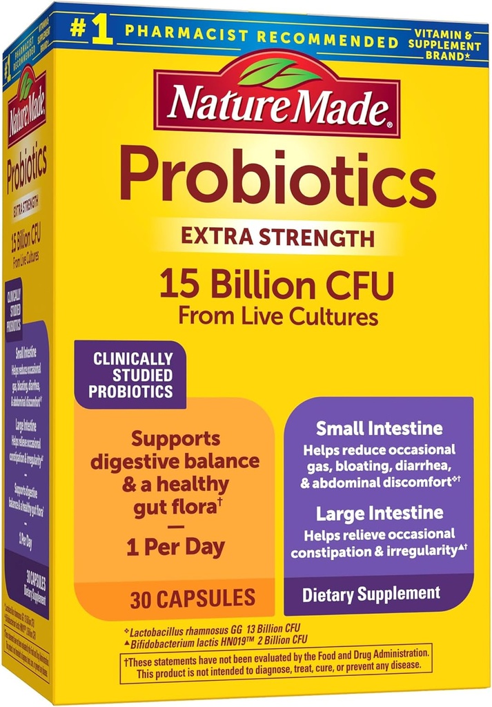 Φύση Made Probiotics for Digestive Health Extra Strength 15 Billion CFU from Live Cultures, Probiotics for Women and Men, 30 Probiotic Capsules, 30 Day Supply