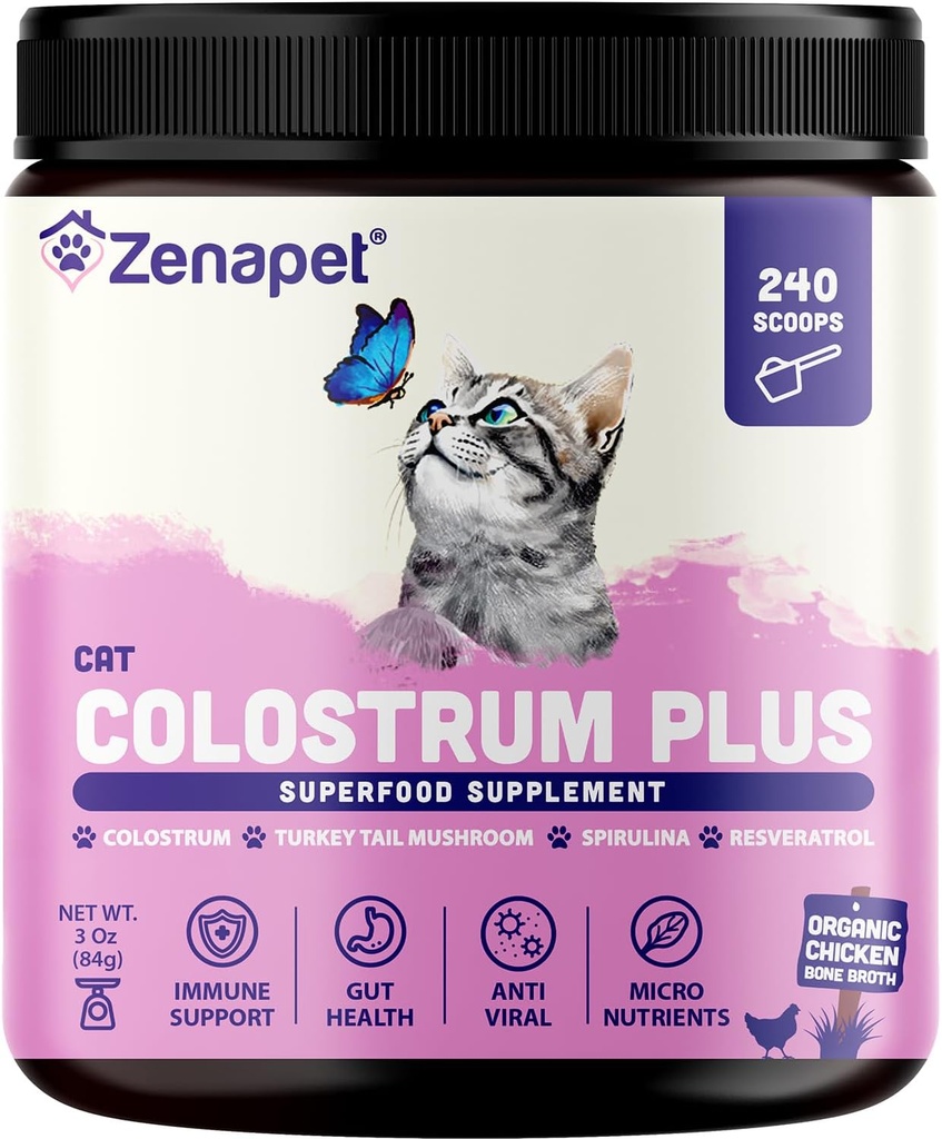 ZENAPET Cat Colostrum Plus Premium Powder Topper, Immune & Digestive Health Supplement, 240 Σερβιέτες (8-Month Supply), Υποστηρίζει το δέρμα & το παλτό, Made in USA