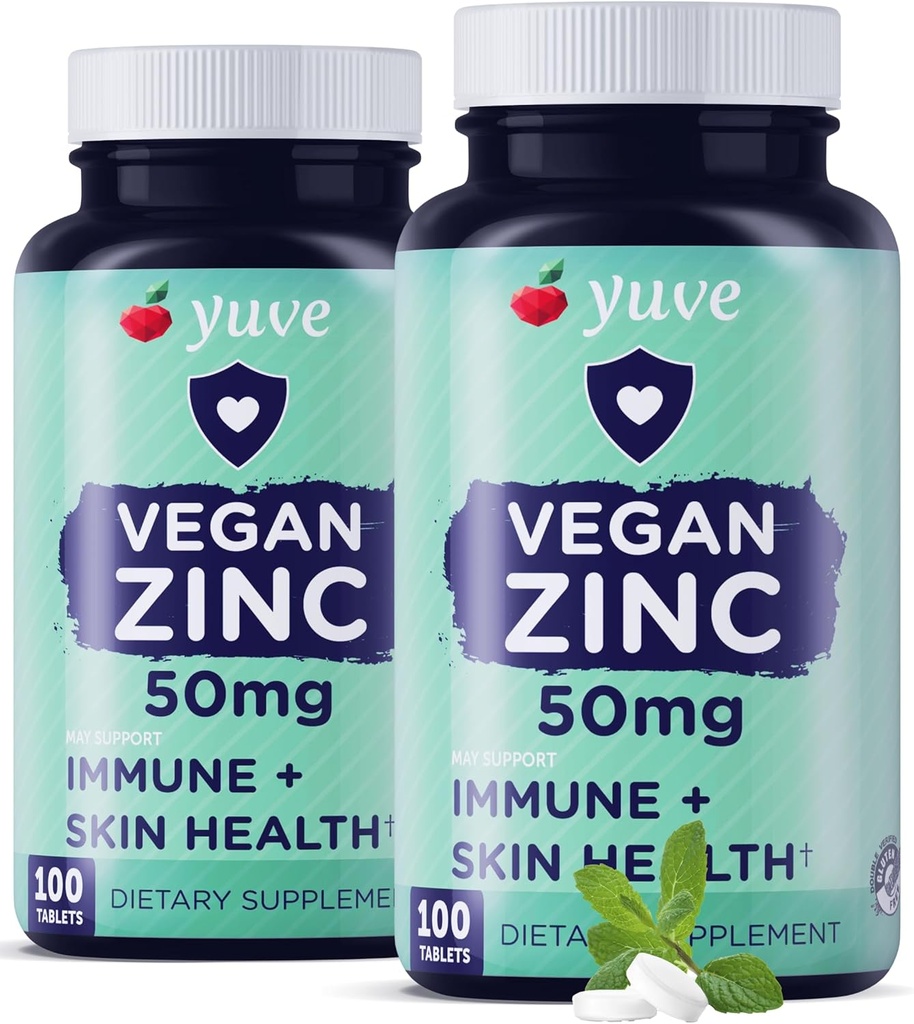 Yuve Natural Vegan Zinc Vitamins Συμπληρώματα 50mg, Υπέρτατη Ανοσολογική Υποστήριξη, Γρήγορη Ανακούφιση από τα κρυολογήματα και τη γρίπη, Άκνη Δωρεάν Δέρμα, Υγιή επίπεδα ορμονών, Μη ΓΤΟ, Χωρίς Γλουτένη & Ζάχαρη - 100 Veg Tabs (2 Συσκευασία)