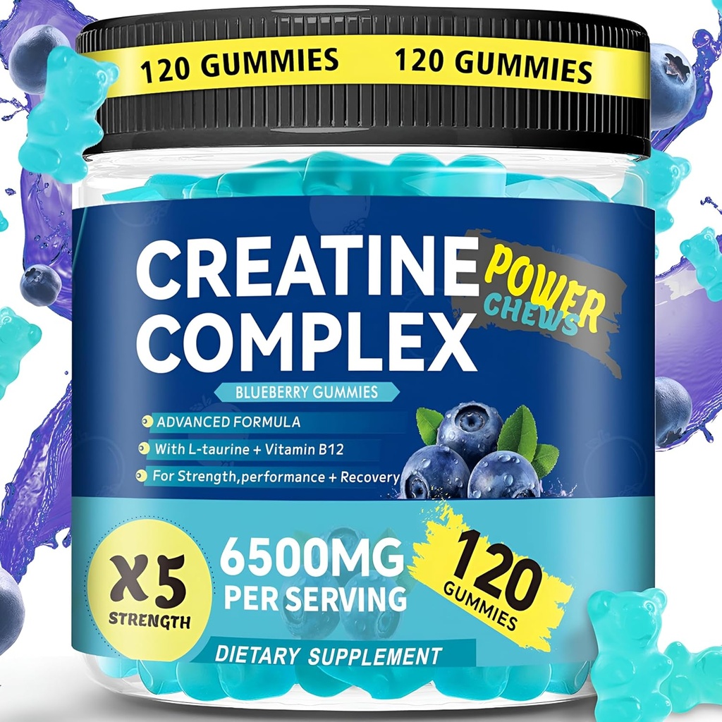 Creatine Monohydrate Gummies 6500mg per Serving for Men & Women - 120 Gummies X5 Strength Sugar Free Μασώμενη Create for Muscle Builder, Muscle Strength, Pre-Wortout Supplement (Blueberry)
