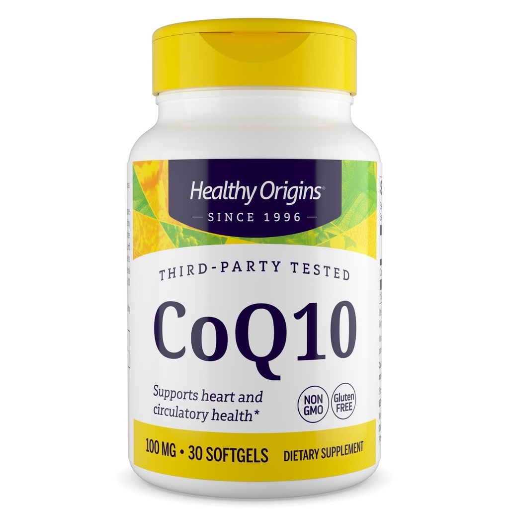 Healthy Origins® CoQ10 100 mg – Φυσικό Trans-ισομερές Ubiquinone – Yeast Fermented, υποστηρίζει την υγεία της καρδιάς και την κυτταρική ενέργεια - μη-GMO 30 Softgels