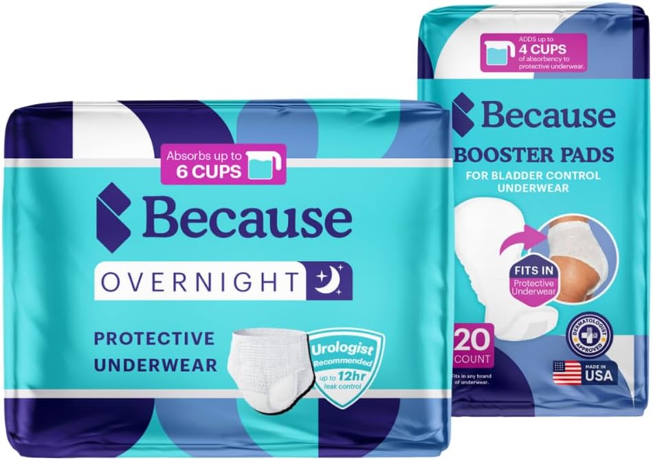 Because Overnight Incontinence Underwear for Men & Women and Booster Pad Bundle - Includes Underwear - White, XXL, 40ct (2 Packs of 20) & Booster Pads, 20ct/Absorbs up to 10 Cups
