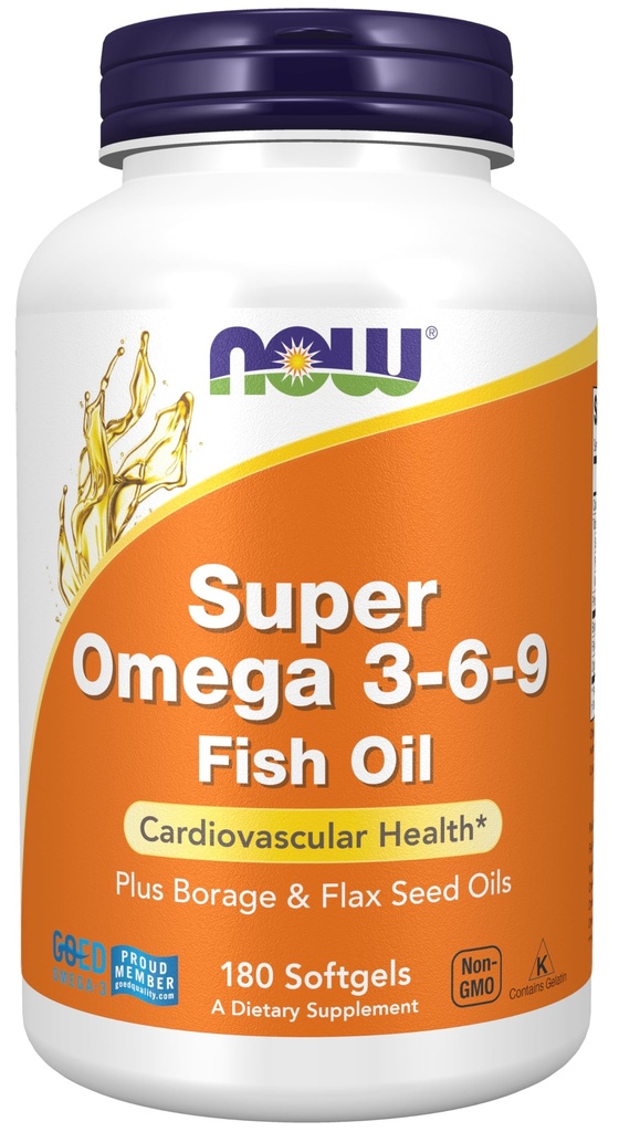 NOW Συμπληρώματα Τροφίμων, Super Omega 3-6-9 1200 mg με ένα μείγμα των ψαριών, Borage και flax σπορέλαια, 180 Softgels