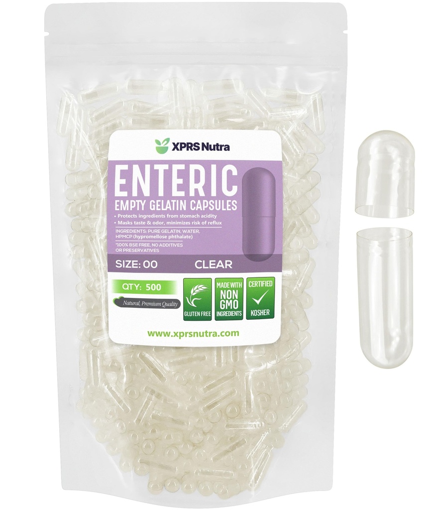 XPRS Nutra Μέγεθος 00 Κενές κάψουλες - 500 Count Clear Enteric Coated Empty Gelatin Κάψουλες - χάπια καθυστερημένης αποδέσμευσης - DIY Capsuling - Pure Bovine Empty Enteric Gel Caps